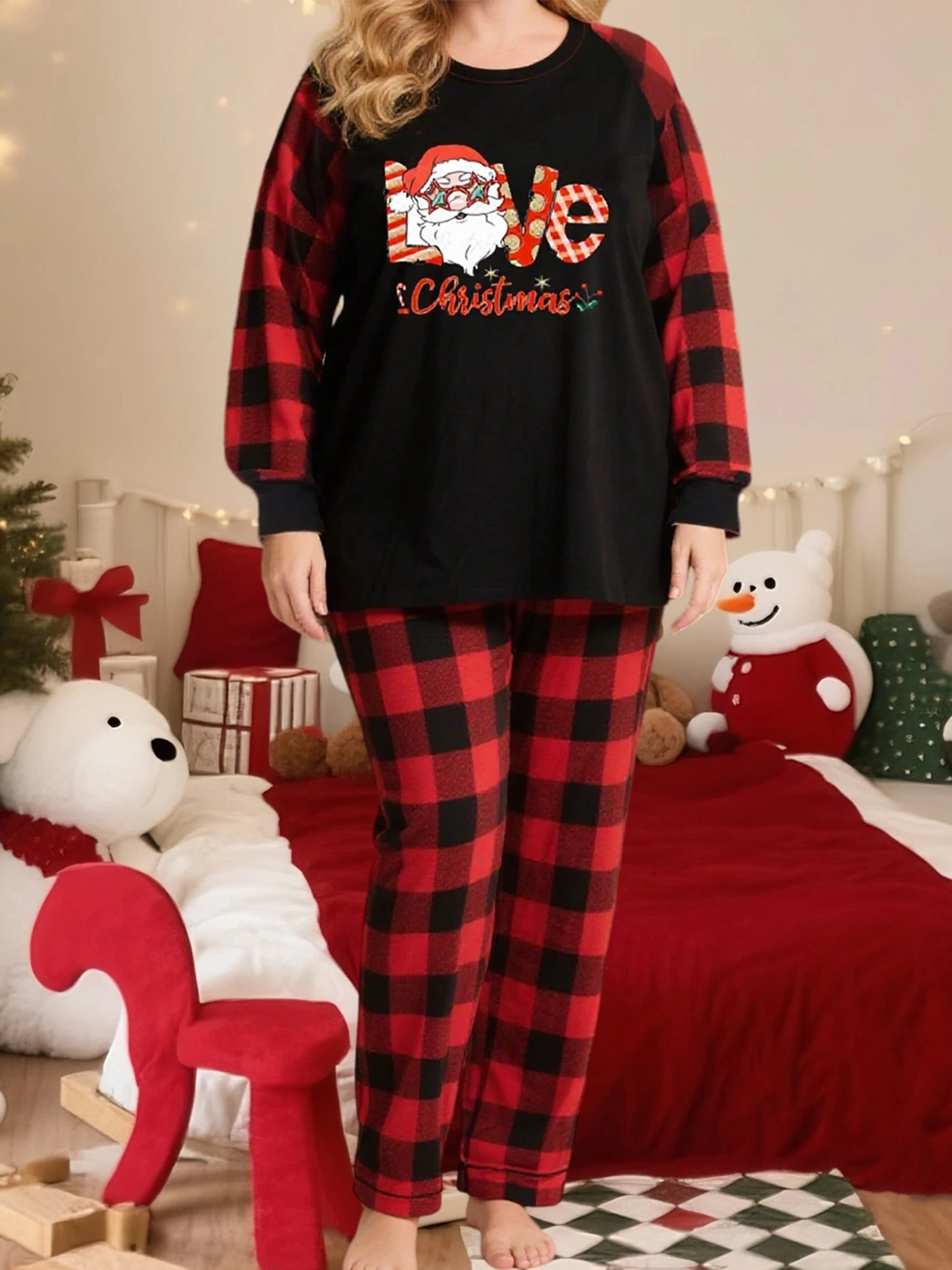 

Women s Christmas Pajama Set Festive Long Sleeve Top with Reindeer Print and Matching Plaid Pants for Cozy Sleepwear