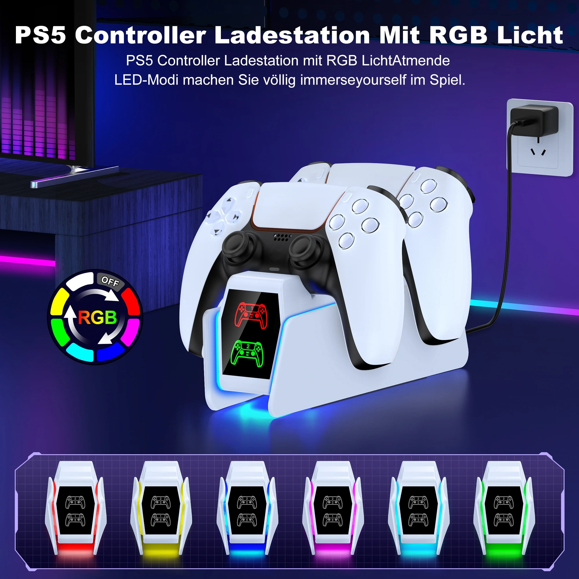 

Зарядная станция DinoFire FC302 RGB для PlayStation 5, двойное быстрое зарядное устройство для контроллера PS5, светодиодный индикатор, подставка для зарядки
