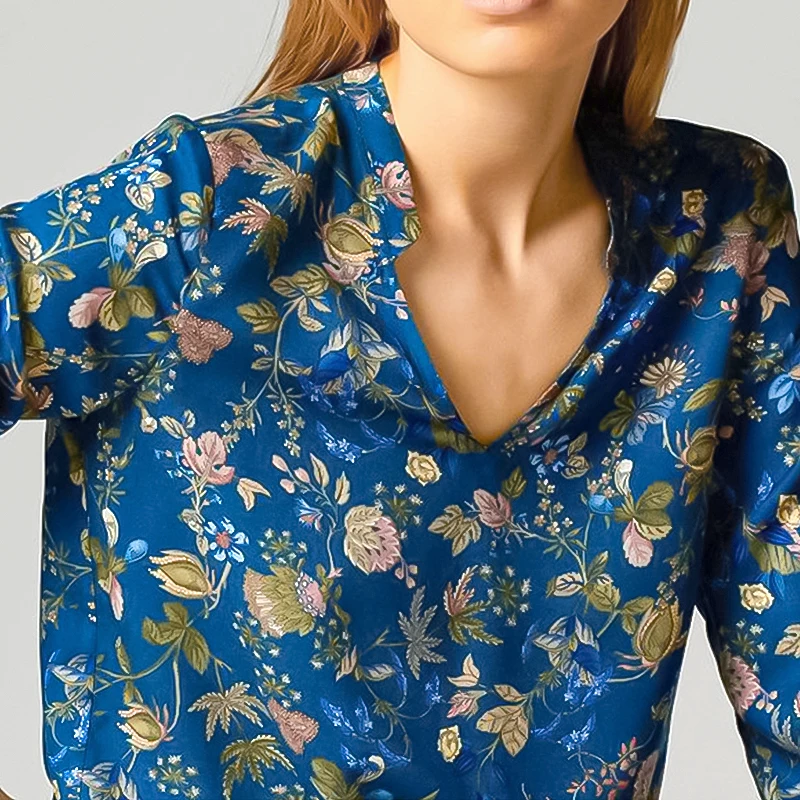 Women Elegant Shirts & blouses Vintage Floral Printing Long Sleeve Shirt Female Clothing Casual Tops Blue Flower Pattern Shirt