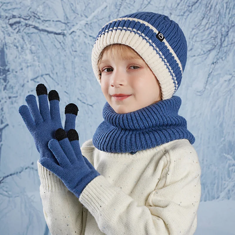 3Pcs Children Winter Hat Neck Warmer Gloves Set Fleece Lining Kids Beanie Scarf Suit Outdoor Child Cap for Girls Boys 4-10Y