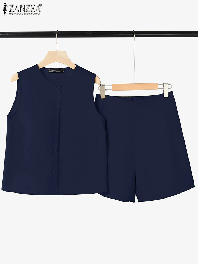 

ZANZEA Fashion Sleeveless Tanks Tops Short Sets Summer 2PCS Women Outfits Solid Work Tracksuits Casual Two Piece Sets Oversize