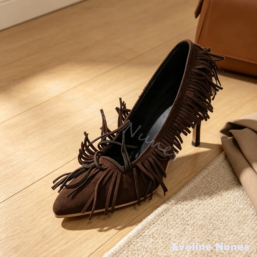 Vintage Western Women Brown Suede Tassel Fringe High Heels Pointed Toe Thin Stiletto Lace Up Detail Elegant Party Dress Pumps