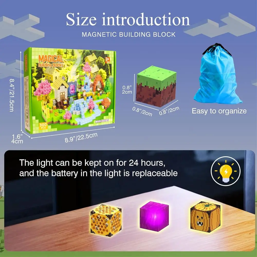 어린이용 라이트업 자석 블록 세트 3세 이상 - 300개 조각, 보관 가방 포함, 3-5세 교육용 선물 (마을 테마)