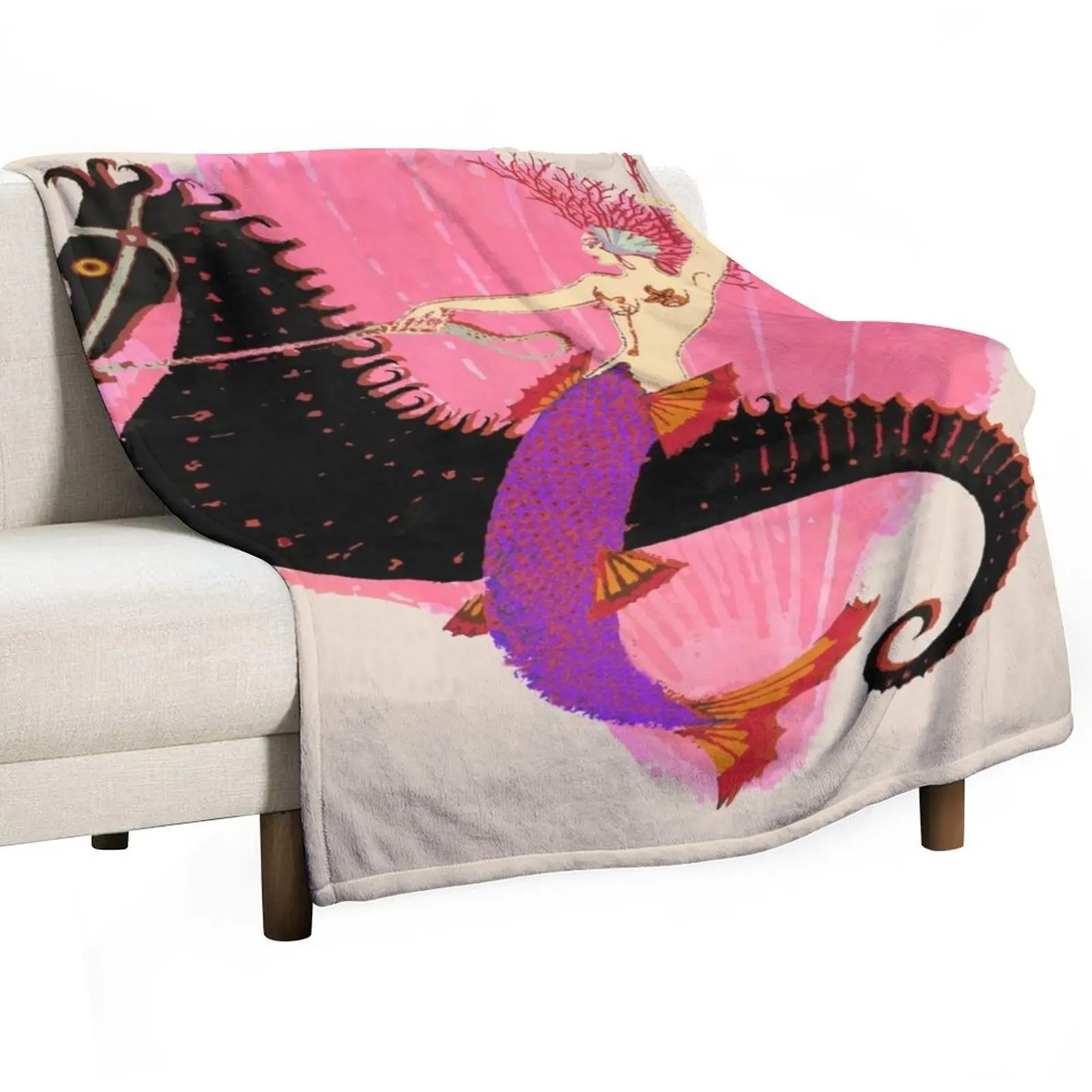 Art Deco Mermaid on Seahorse with Clam Shell Throw Blanket Bed Fashionable halloween Retros Furrys Blankets