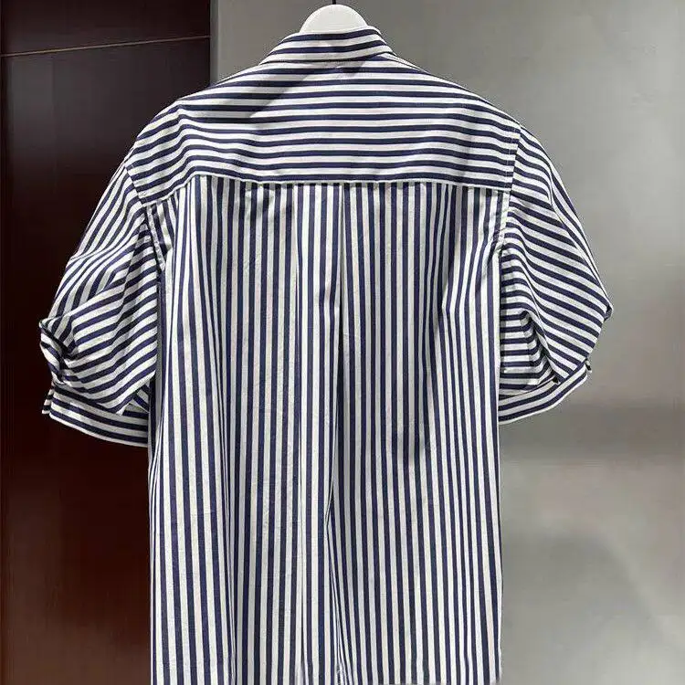 SAC Japanese striped two-color splicing bubble sleeve T-shirt top shirt