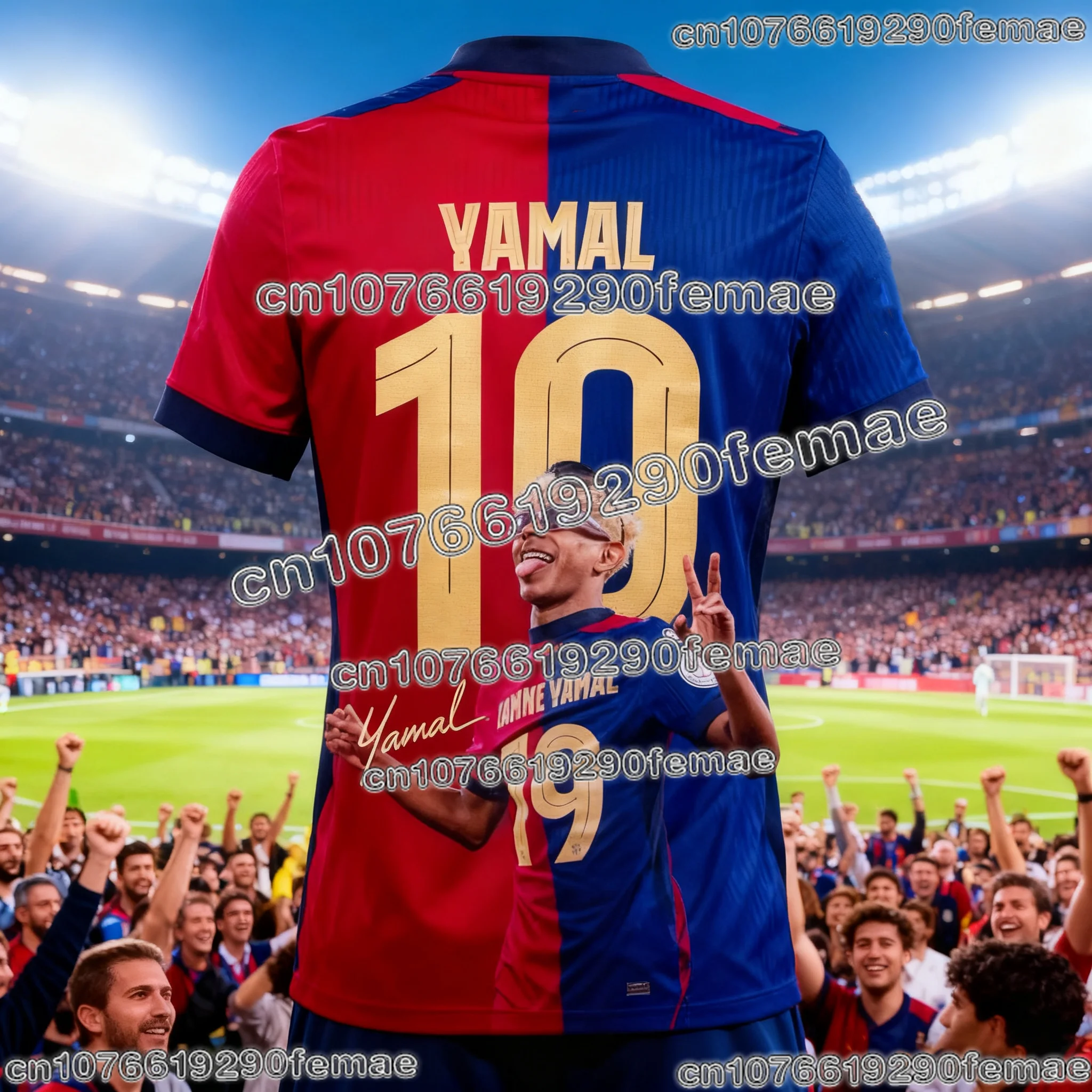 Camiseta de fútbol del Barcelona Lamine Yamal #10, diseño bicolor rojo-azul con estampado del estadio, camiseta de fútbol transpirable para aficionados.