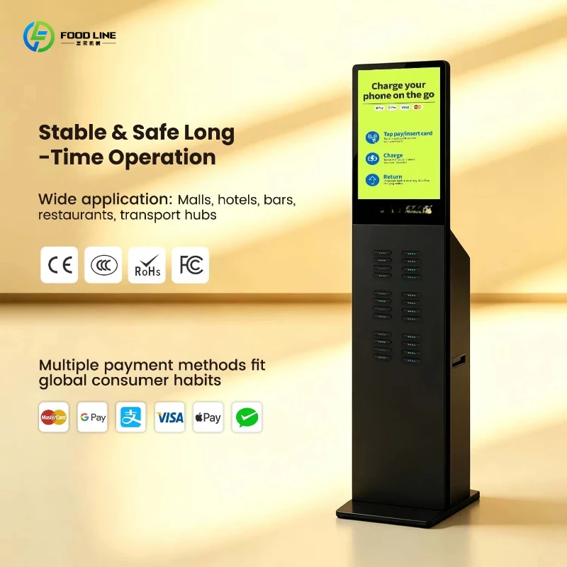 Vertical Large Touch Screen Self Service Portable Charger Station 24 Slots Slim Freestanding Shared Power Bank Rental Type-C