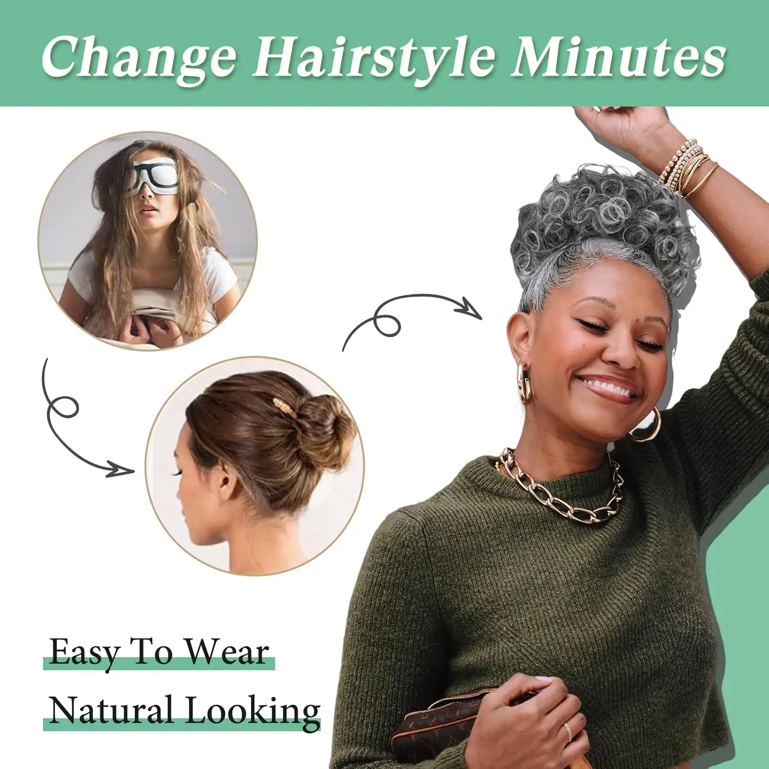 Coques de cabelo cinza encaracolado bagunçado pedaço de cabelo clipe em pedaços de cabelo sintético para mulheres sal e pimenta bun extensões de cabelo grande onda