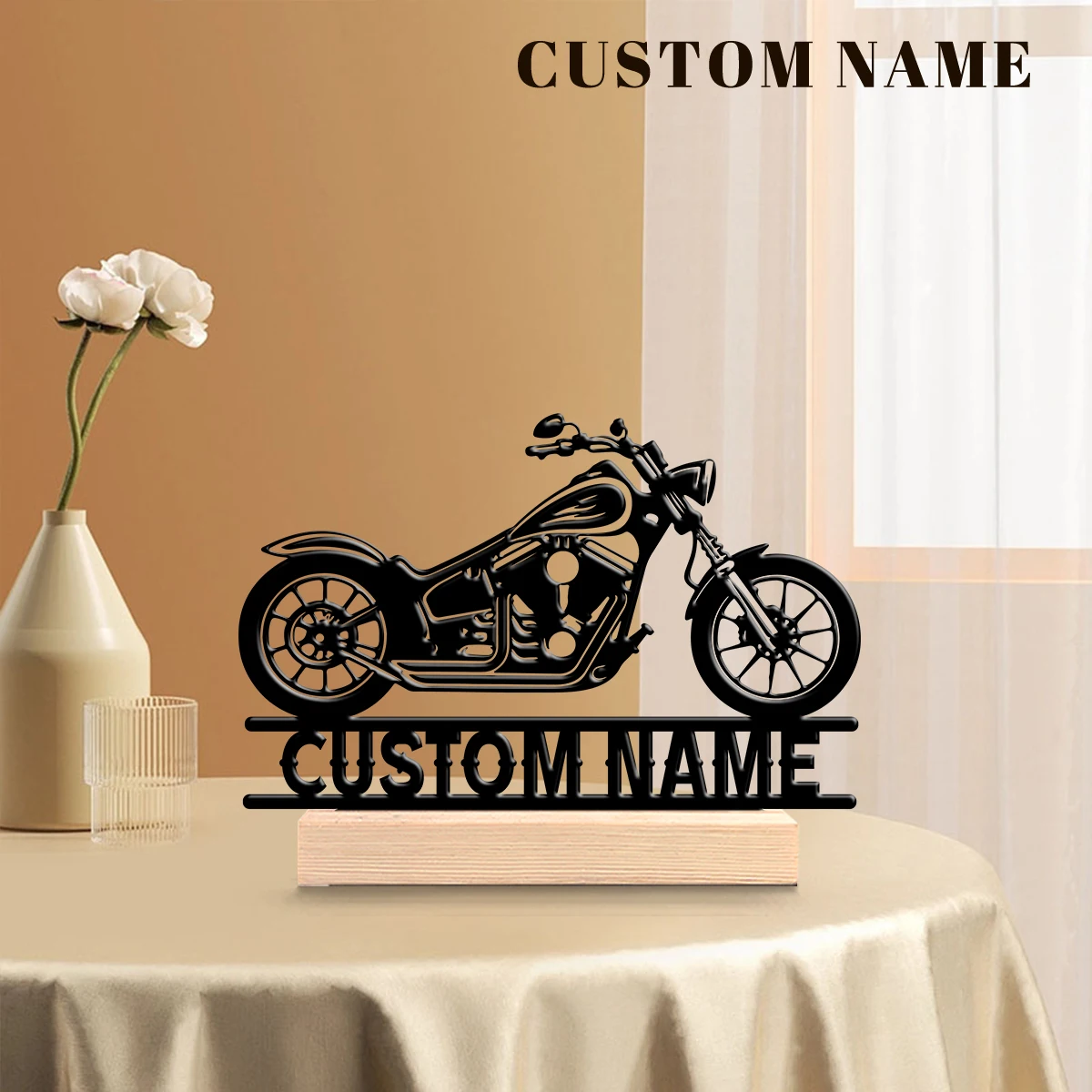 1 Pieza de Adorno de Arte Metálico con Base de Madera para Motocicleta, Personalizable con Nombre, Decoración para Hogar, Oficina, Hotel, Cafetería, Club, Regalo para Familiares y Amigos