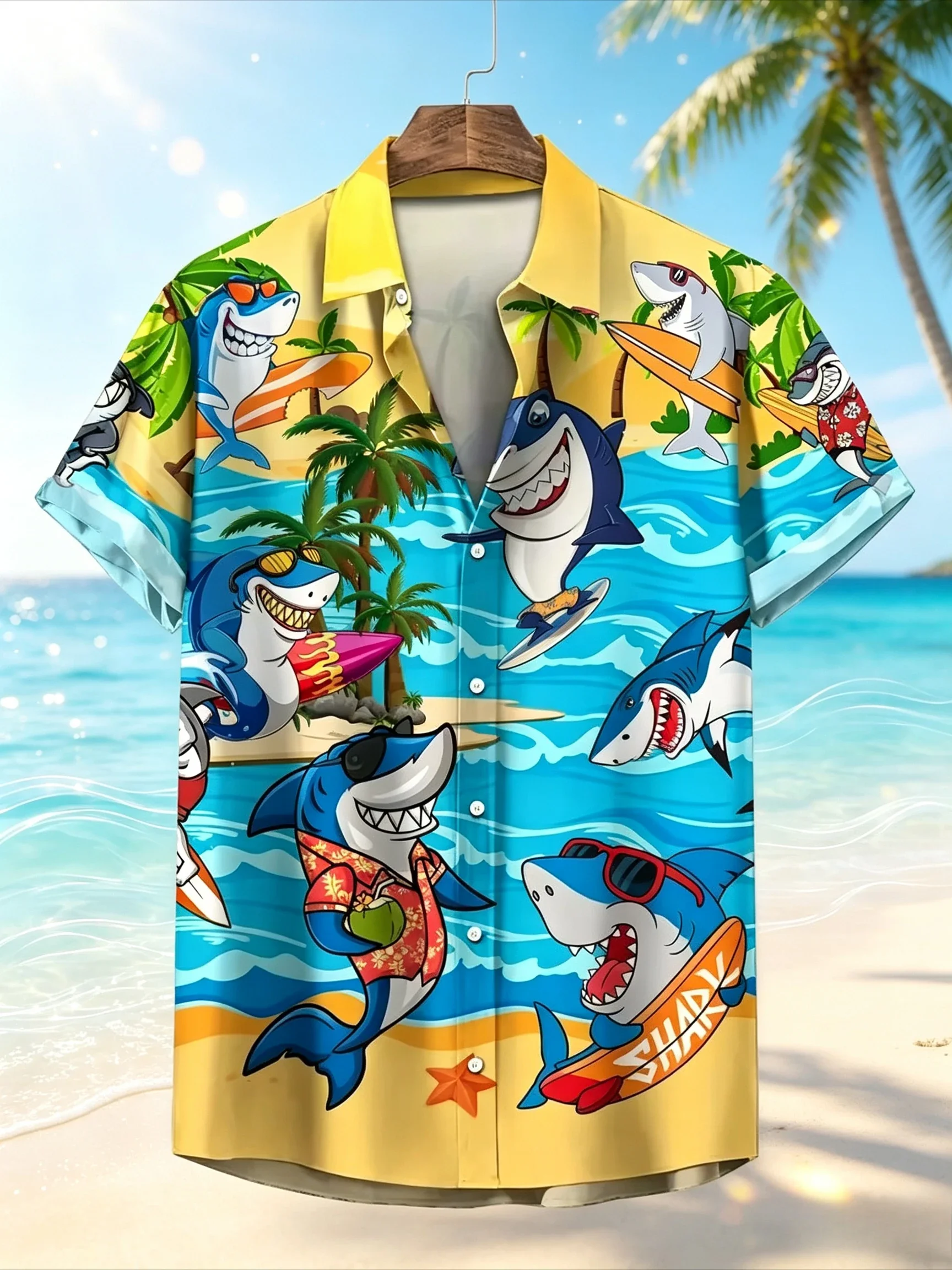 Men's Short-Sleeve Button-Up Beach Shirt with Printed Casual Summer Hawaiian Style