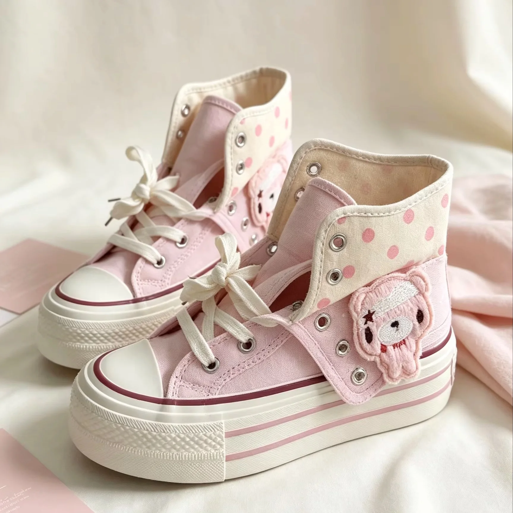 Women Kawaii Pink High Top Canvas Shoes Platform Sneakers Cute Bear Embroidery Flats Y2K Casual Shoes for Girls