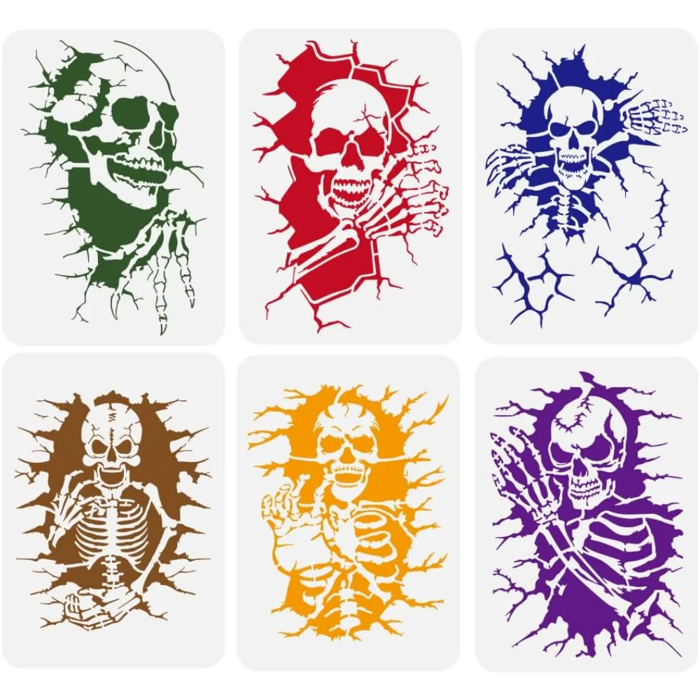 6 шт. Череп в потрескавшейся стене, трафарет для рисования 11,7x8,3 дюйма, многоразовый секретный шаблон для рисования скелетом Shadowy, тема Хэллоуина