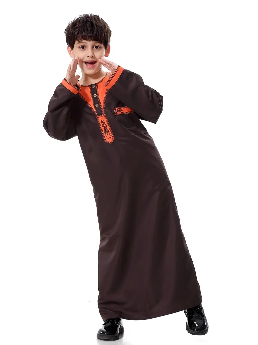 2023 New Muslim Boys Jubba Thobe Fashion O-neck Loose Kaftan Arabia Turkey Teenage Boy\'s Party Robe Middle East Kids Clothing