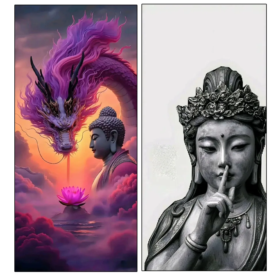 Buddha Statue 5D Full Round Diamond Painting Kits Zen Art Buddhist Sculpture DIY Drills Mosaic Embroidery Cross-stitch