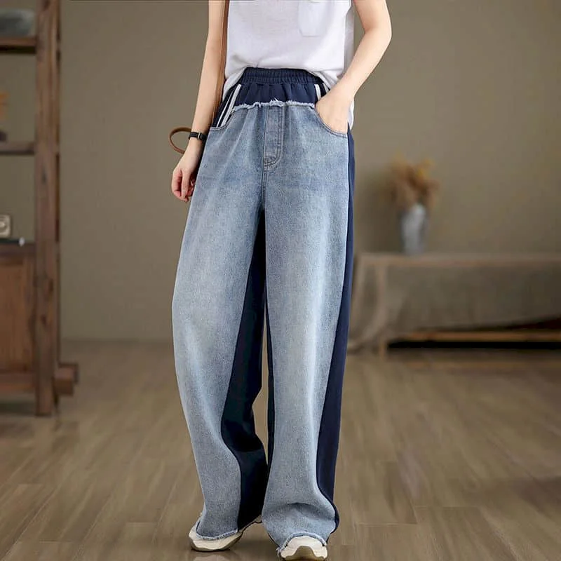 

Straight Pants Patchwork Autumn Elastic Waist Jeans Vintage Casual Harajuku Denim Trousers Korean Style Pants Women Clothing