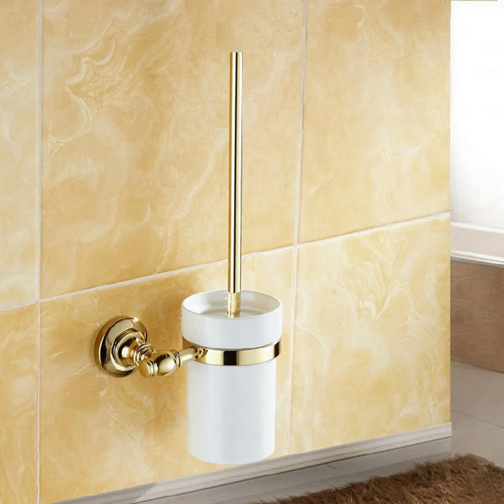 Ceramic Cup Bathroom Wall Mounted Modern Gold Color Brass Toilet Brush Holder Set 2ba137