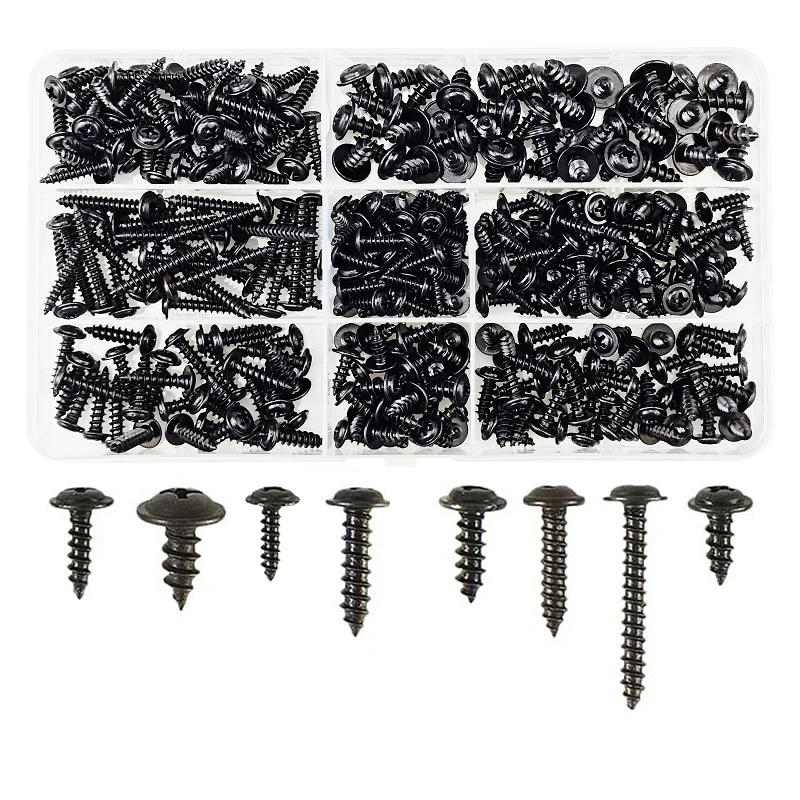 

340pcs Black Self-tapping Screws Pan Head PWA Cross Round Head With Washer Cushion M3 M3.5 M4