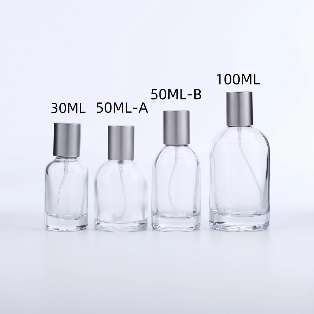 Flacone di profumo in vetro a baionetta trasparente rotondo vuoto da 3 pezzi flacone di profumo in vetro Spray da 30ml 50ml 100ml con tappo a baionetta