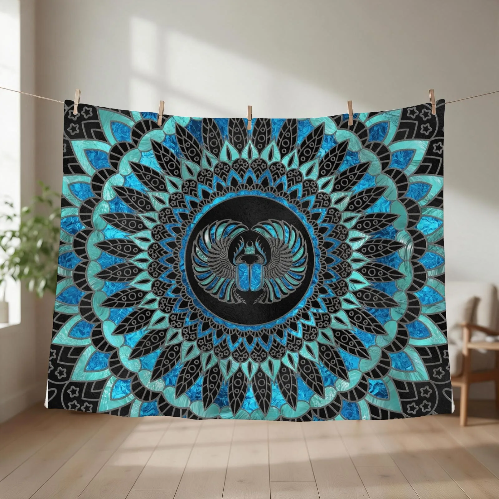 Egyptian Scarab Beetle - Gold and Blue glass Throw Blanket couch cozy soft plush fuzzy picnic outdoor blanket