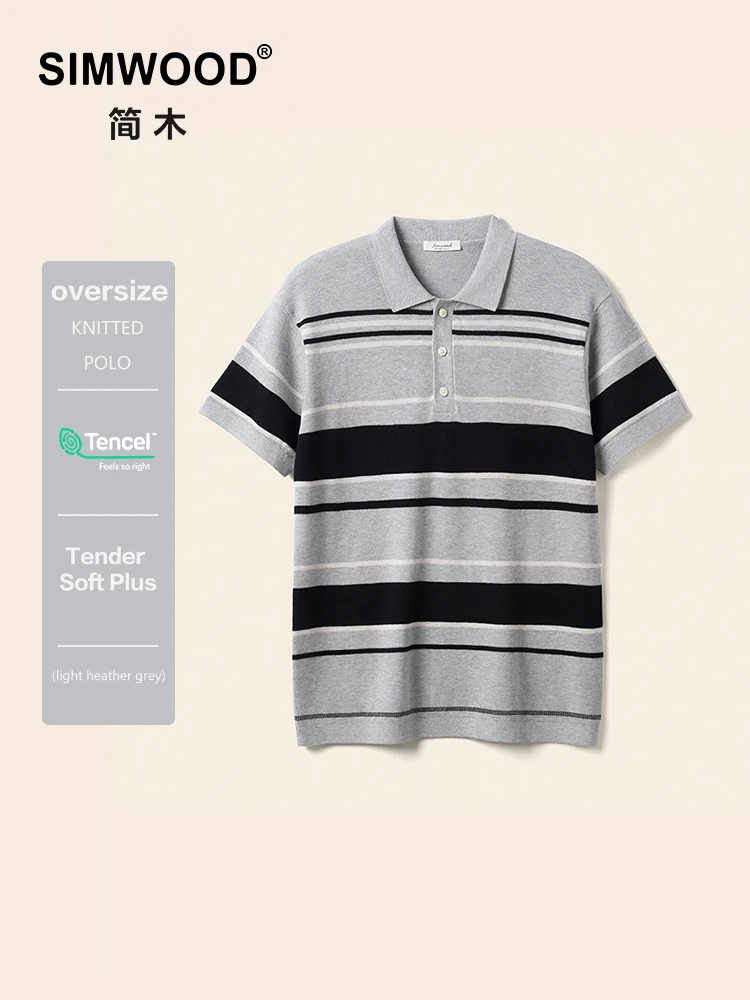 

SIMWOOD 2025 Summer New Oversize Soft Knitted Polo Shirts Men Plus Size Tops Striped T-shirts
