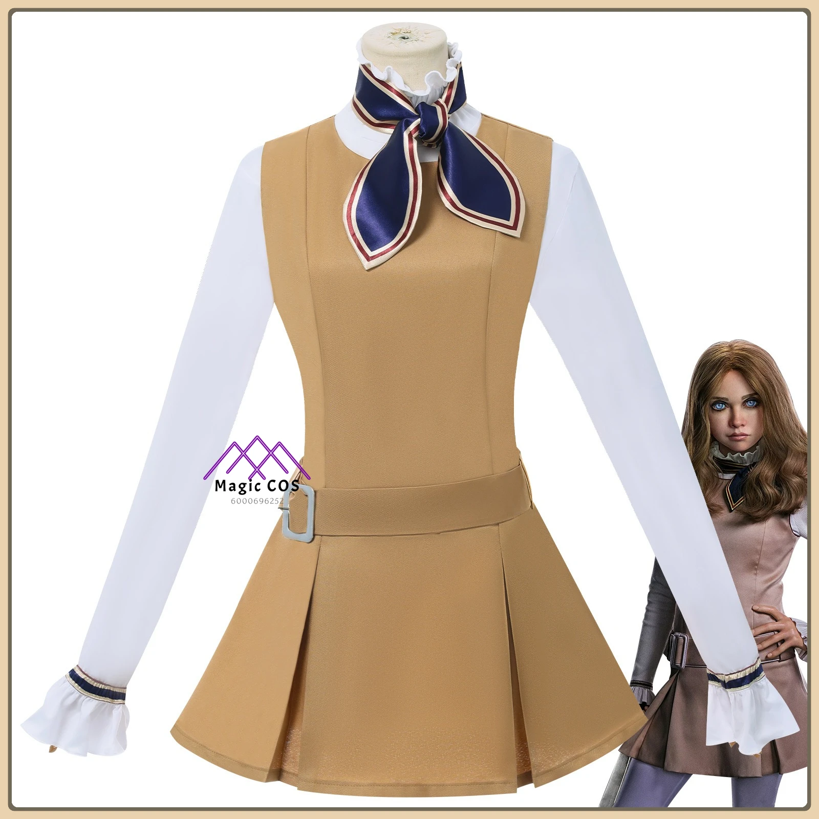 

Popular Film Character Megan Cosplay Suit Breathable Khaki Uniform Dress Elastic Waist Full Set Wig Anime Clothes for Party