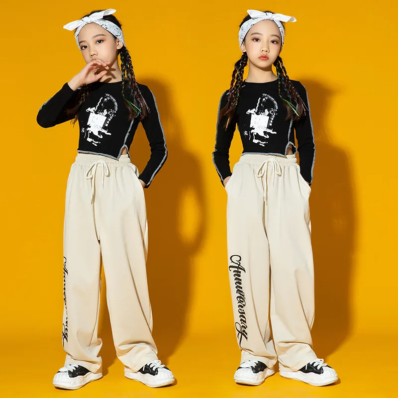 Vêtements de danse moderne pour filles, haut à manches longues, pantalon bouffant noir, vêtements Kpop pour enfants, vêtements de performance de danse Hip Hop, jazz, 12 à 14 ans