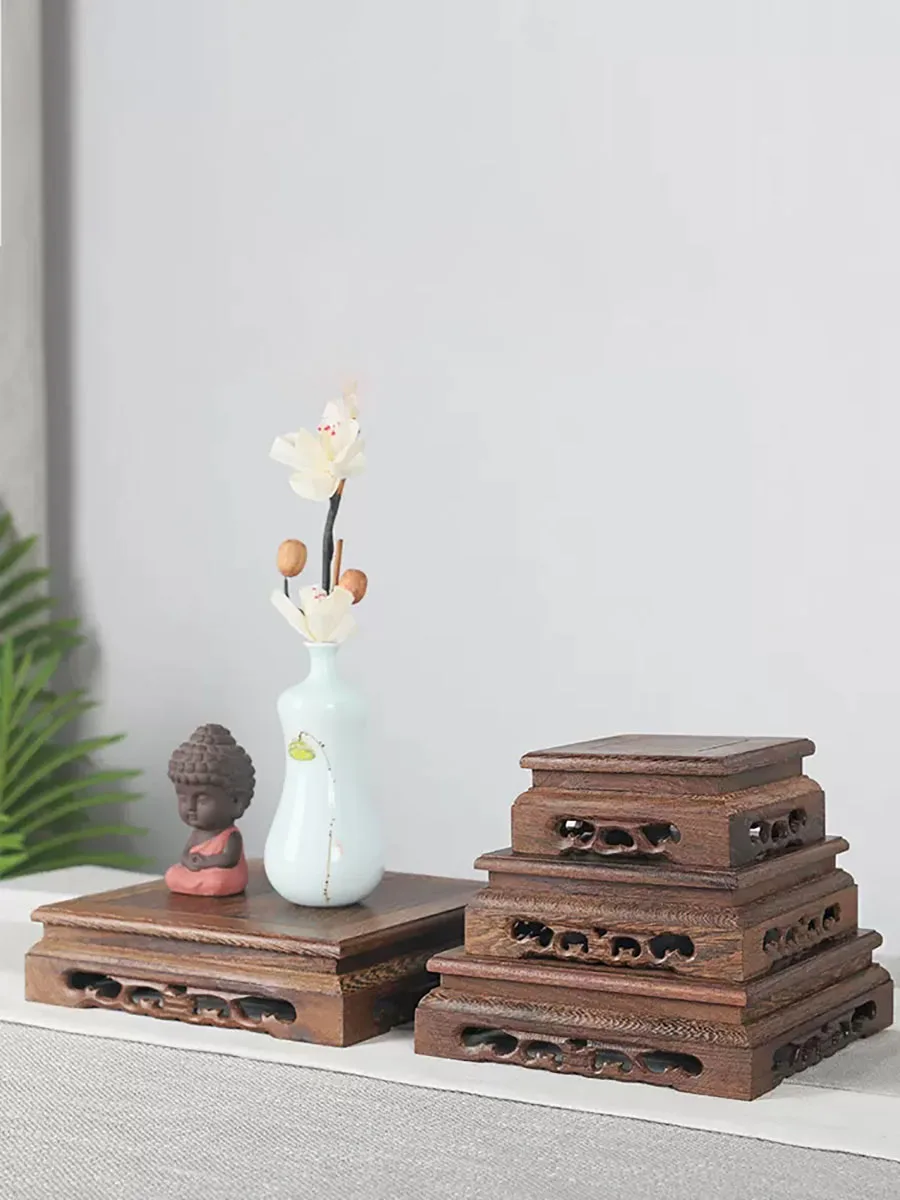 Solid Wood Square Hollow out Base, strange Stone incense Burner, Buddha Statue, Stone Vase, Flowerpot Bracket, Table