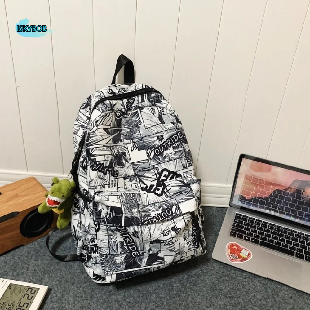 

Nylon Graffiti School Bag Laptop Backpack Black Large Capacity Backpack Lightweight Tyrannosaurus Pendant Cartoon Print Bag