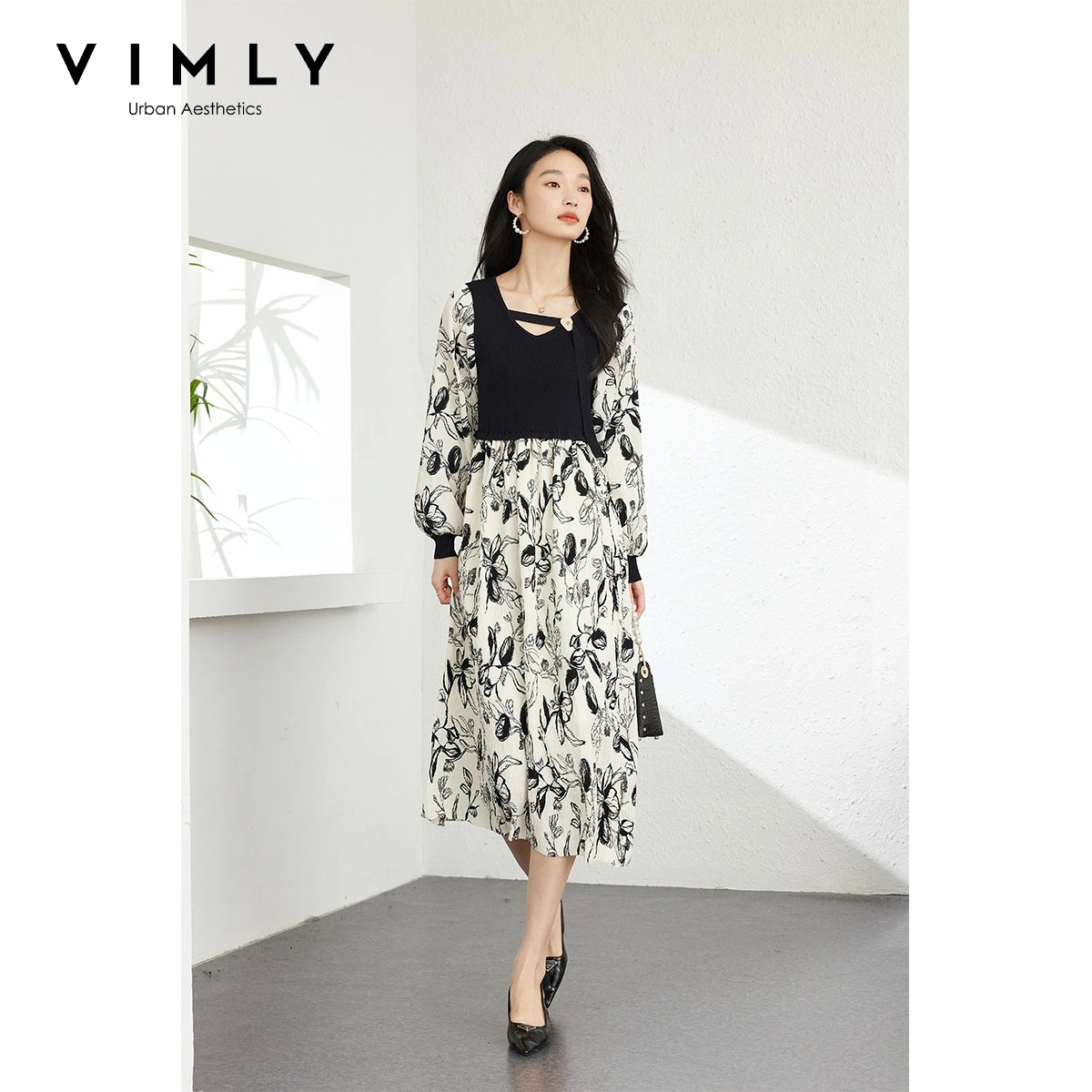 VIMLY Floral Knit Paneled Dress Women 2026 Autumn Winter Fashion Vintage Long Dress Elegant Female Long Sleeve Clothing 72967