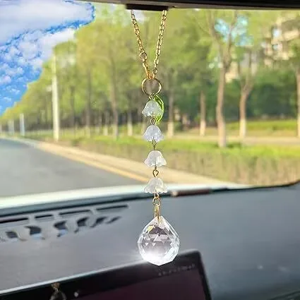 1PC Glass SunCatcher Hanging Lily of the Valley Car Rear View Mirror Accessory Decorative Ornament for Vehicle Mirror