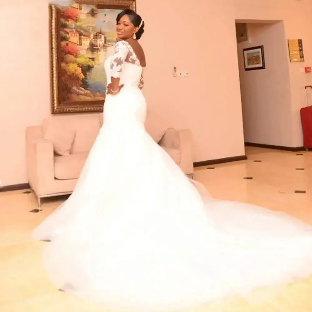 カスタマイズされたアフリカ人魚のウェディングドレス 3/4 袖レースアップリケアイボリーブライダルドレスプラスサイズローブデマリーのウェディングドレス