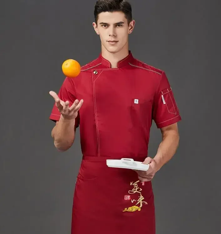 Chaqueta de Chef de manga corta para hombre, uniforme de restaurante, cocina, Catering, abrigo de cocinero, uniforme de Chef de verano con cuello levantado, uniforme de cocinero de Pizza