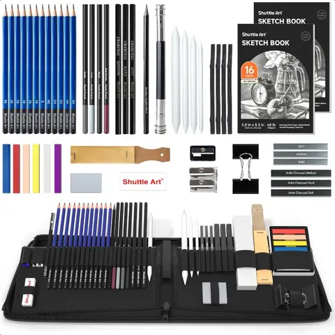 Paquet de 52 crayons à dessin, Kit d'art professionnel avec bâtons de charbon de bois de graphite, bloc de dessin dans un étui Portable, idéal pour les adultes A