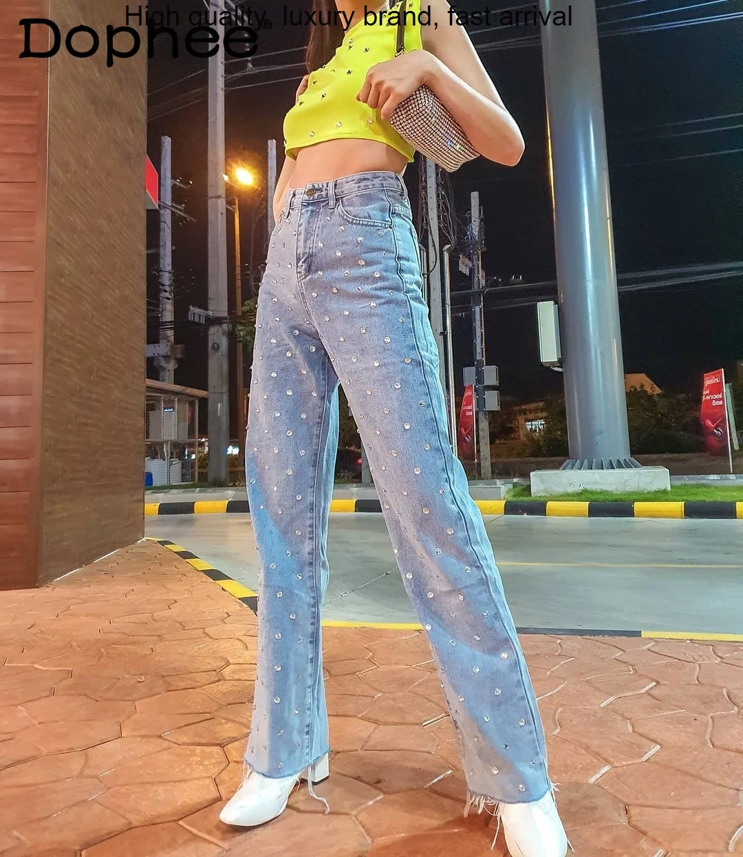 Tassel -End White Design Full-Body Rhinestone Wide-Leg Jeans Women Hot Drilling Waist Straight Denim Pants High Street