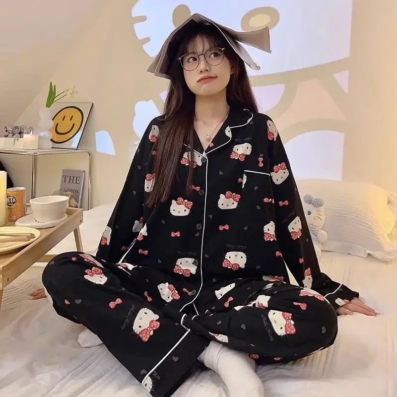 Pyjama imprimé Kawaii Sanurgente Hello Kitty pour femme, cardigan à revers chat KT, manches longues, pantalon, ensemble de vêtements d'intérieur 2 pièces, printemps, automne