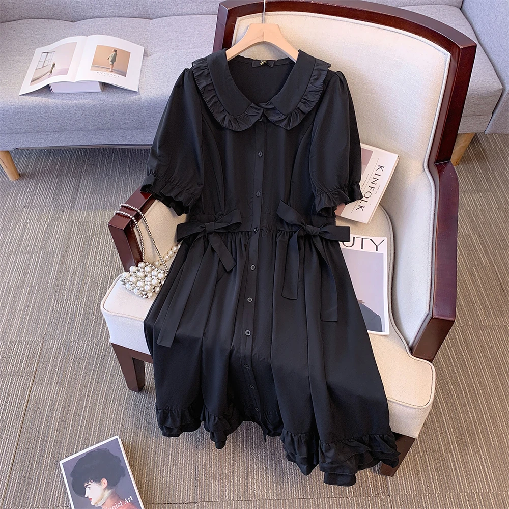 Plus size women\'s summer casual dress Black polyester fabric loose comfortable bow decoration waist waist MIDI elegant fashion