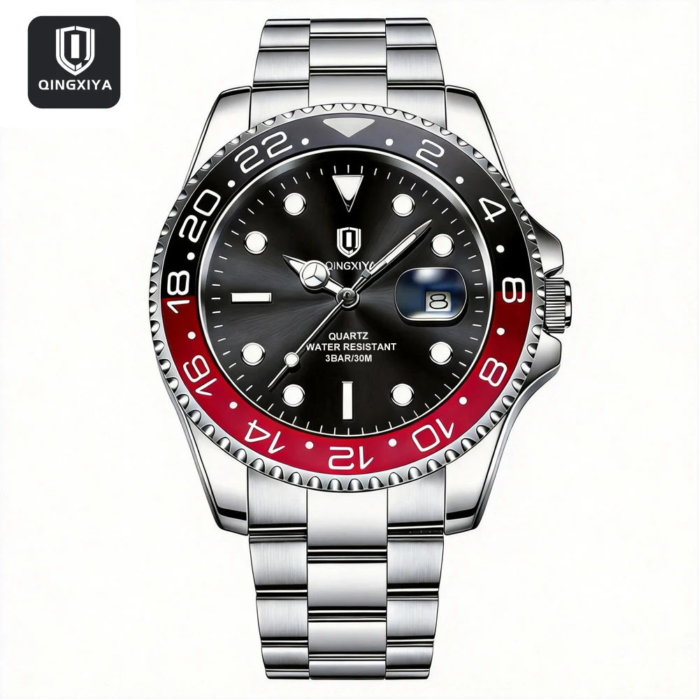 QINGXIYA Brand New Fashion Men Quartz Watch Luxury Stainless Steel Waterproof Luminous Date Business Mens Watches Reloj Hommes
