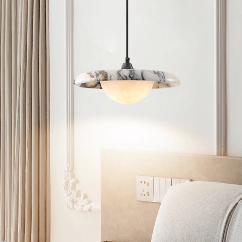 Luxury Black Round Natural Stone Pendant Lamp High-end Bedroom Bedside LED Chandelier Living room Decoration Home Hanging Lights