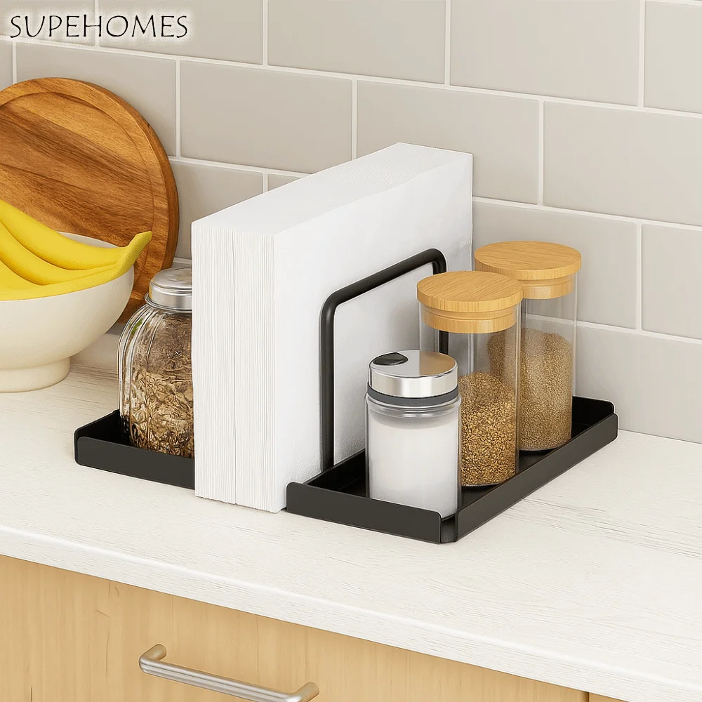 

Durable Metal Napkin Holder Space Saving Black Spice Bottle Storage Tray Anti-slip Documents Storage Rack Office