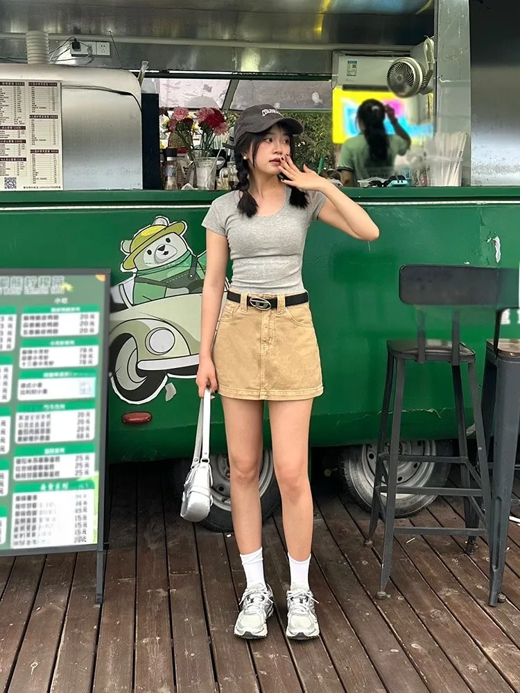 

Корейская юбка-трапеция с высокой талией, цвет хаки, облегающая, джинсовая, средней длины, летняя новинка, женская мода