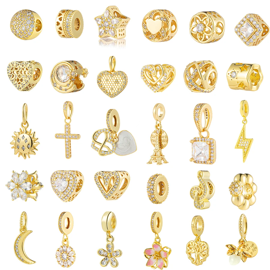 

Gold Plated DIY Making Sparkling Leveled Hearts、Cross 、Cherry Blossom Dangle Charm Bead Fit Original Women Bracelet Jewelry Gift