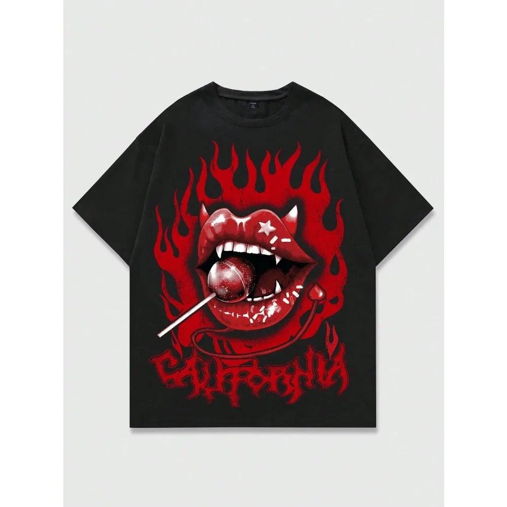 T-shirt Y2K Top Hip-hop Red Big Mouth Graphic Print Oversized T-shirt Men/Women's Gothic Crew Neck Cotton Short-sleeved Clothing