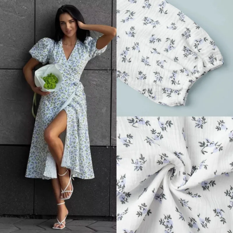 

Women Cotton Floral Wrap Midi Dress Puff Sleeve V Neck A Line Dress Side Slit Summer Muslin Dress Casual Holiday Party Wear Chic