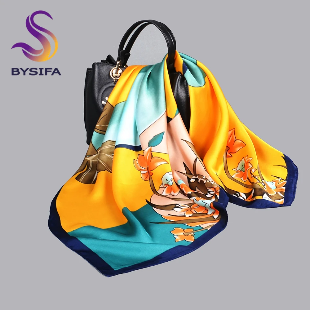 BYSIFA| Yellow Blue Women Silk Scarf Accessory 70*70cm Fashion Girls Pattern Winter Scarves Bufand Spring Fall Square Head Scarf