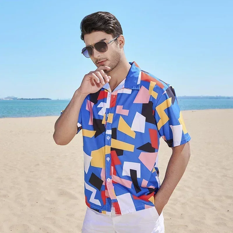 

Праздничная карнавальная гавайская рубашка с коротким рукавом, мужские летние мужские гавайские рубашки, нерегулярные цветные блоки, лоскутная пляжная рубашка Aloha