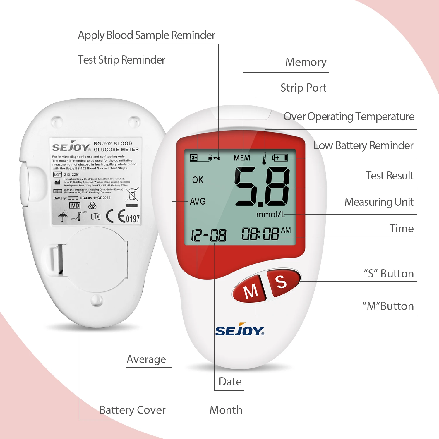 SEJOY 100 Stück Blutzuckerteststreifen für BG201/202/203, Blutzuckermessgerät Diabetes-Testkit mit 25 Stück Teststreifen/Lanzetten – Detail 3