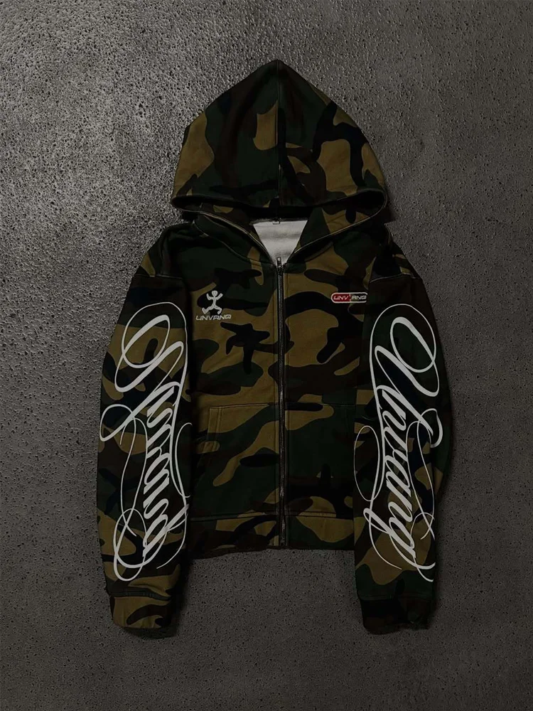Autumn GRUGE Camouflage Printed Long Sleeve Pattern Printed Detail Zipper Hooded Sweatshirt Y2K Street Style Casual Jacket