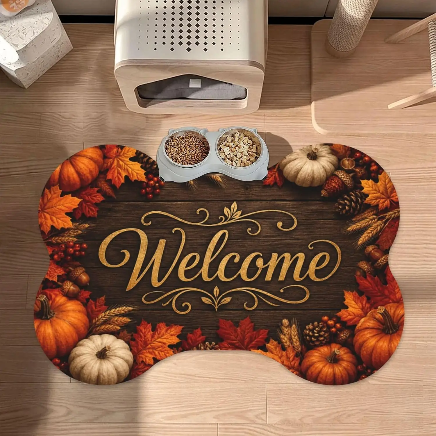 Autumn Welcome Pumpkin Leaves Bone Shaped Pet Feeding Mat 12