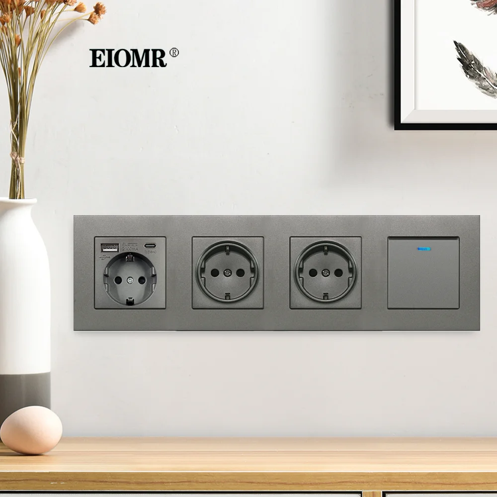 EIOMR EU Standard Socket with Switch Multiple Socket Plug AC 110V-250V 16A Wall Embedded Usb Type C Power Outlet Bedroom Socket