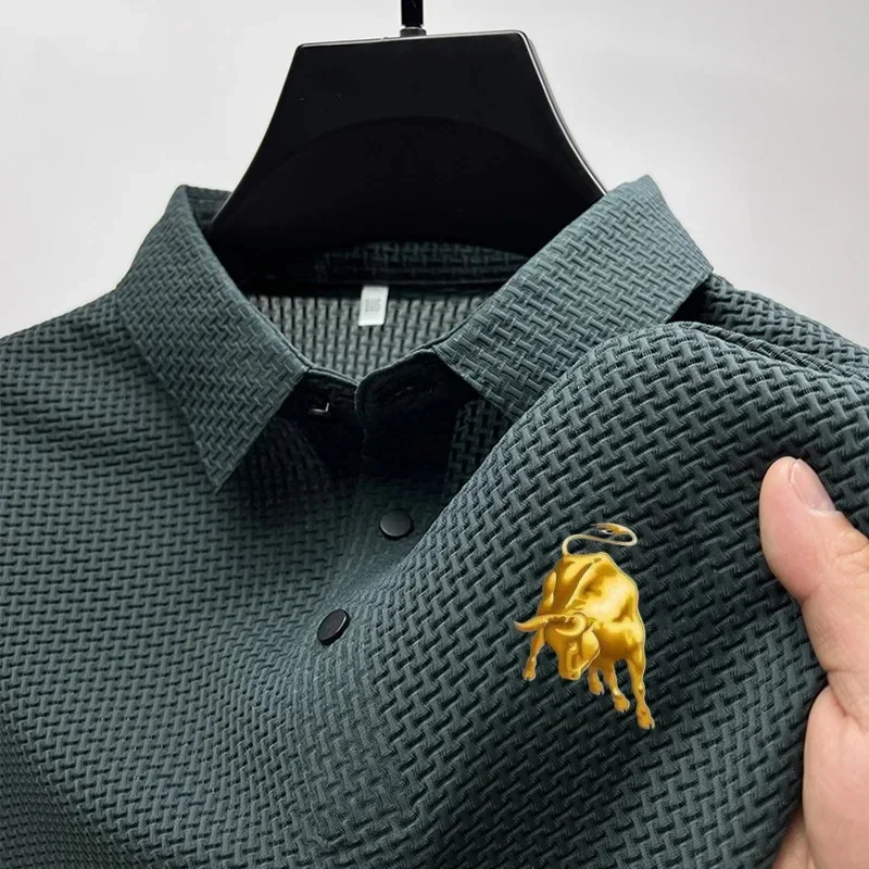 

2025 New ice silk jacquard polo shirt, short-sleeved summer European men's T-shirt, casual business fashion stand-up collar T-sh